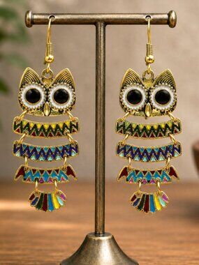 Colorful Enamel Owl Drop Earrings Gold Boho | Boutique